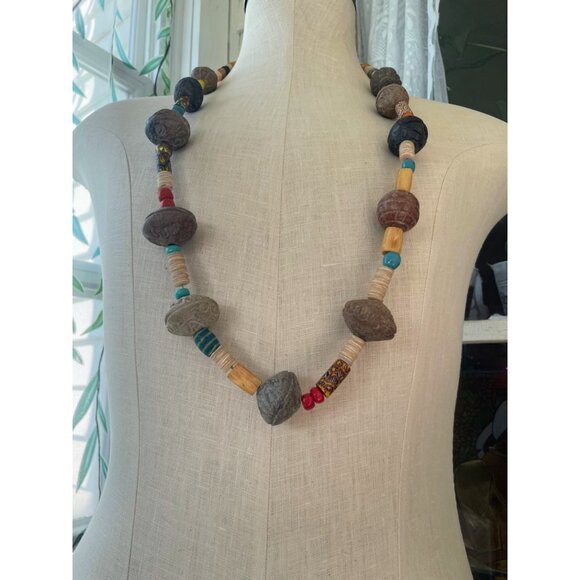 Vintage African Trade Bead Necklace HUGE Clay Beads millefiori Glass Sterling Cl - Picture 11 of 16